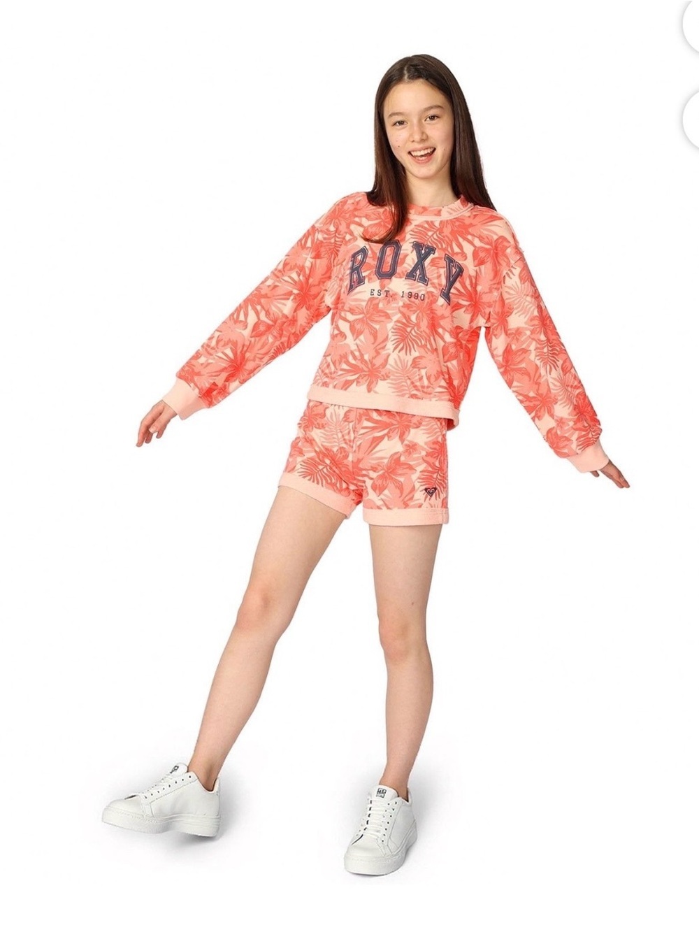 Roxy Girls Coral Orange Tropical Print Sweatshirt and Shorts Set